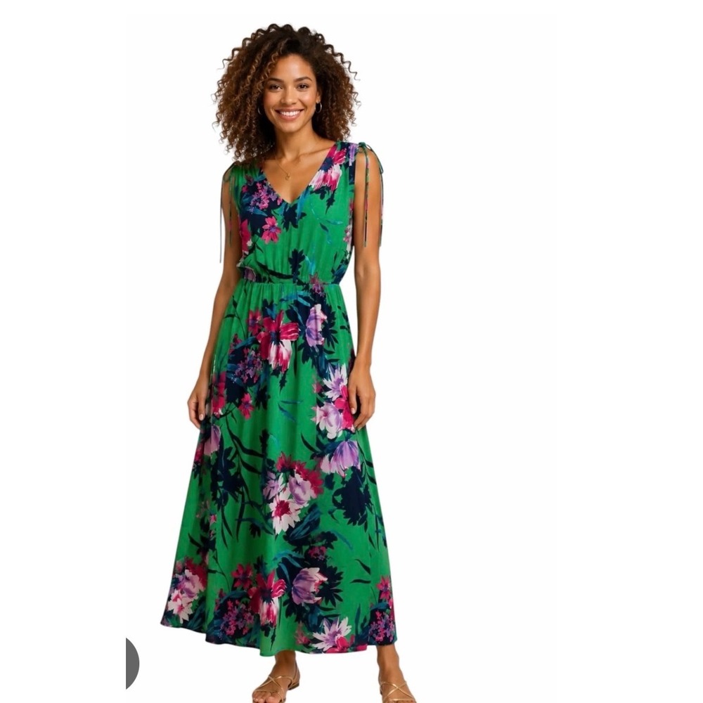 Iman Global Chic Floral Maxi Dress Green Pink V-Neck Sleeveless Plus 1X